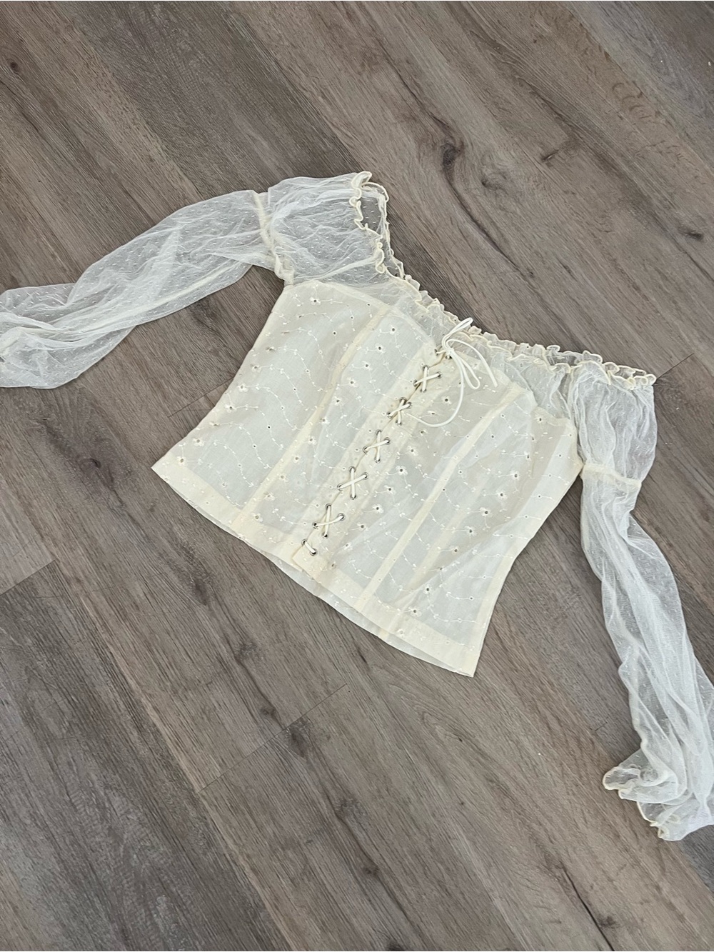 Off-Shoulder Lace-Up Sheer Blouse in Ivory - Women's